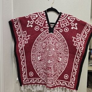 Red and White Aztec Pattern Poncho